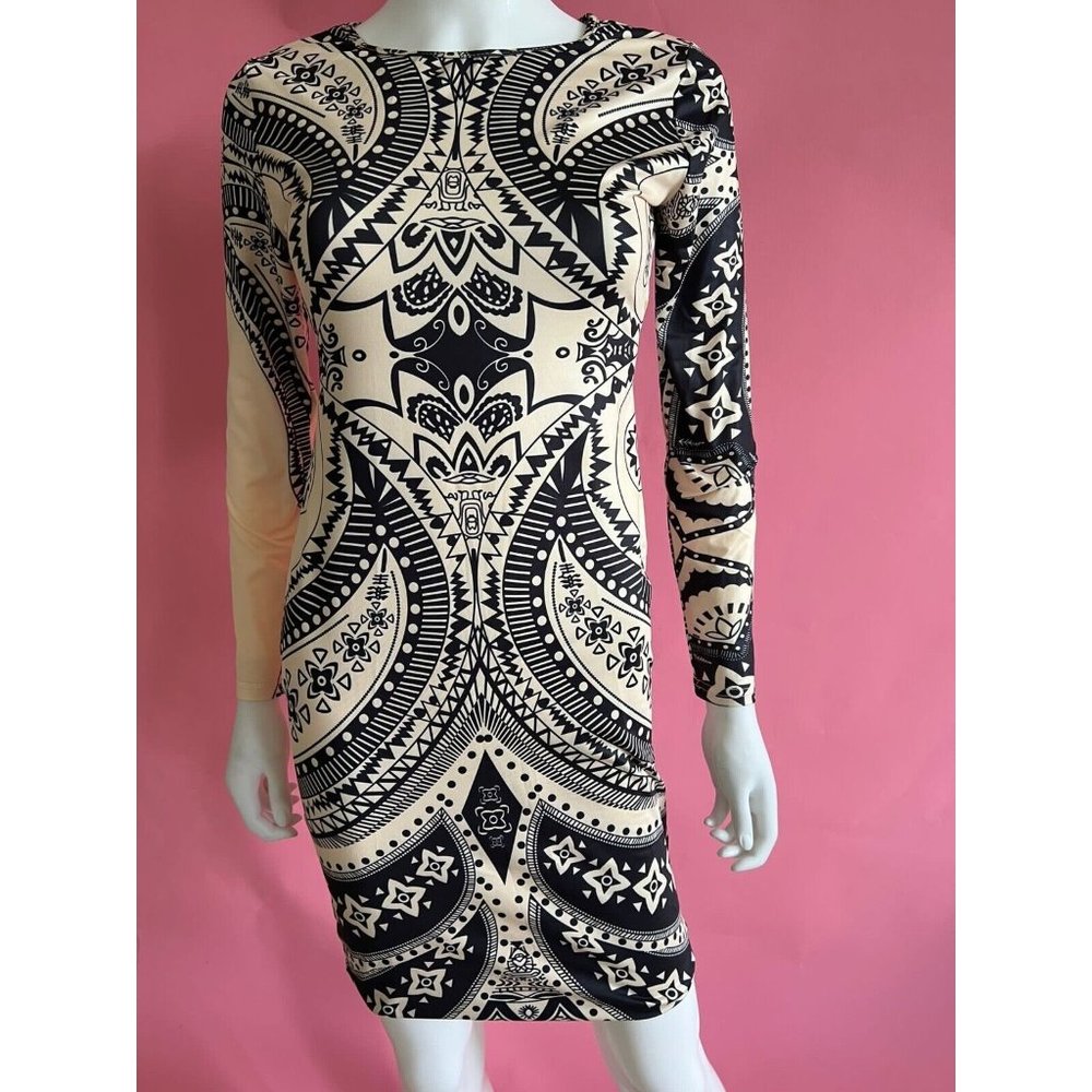 Women's Tribal Stretch Bodycon Black Ivory Open Back Dress Size S